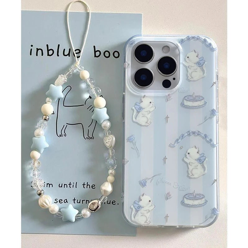 Blue White Stripe Cat Phone Case with Lanyard – Protective Cover for iPhone 11 / 12 / 13 / 14 / 15 / 16 Series