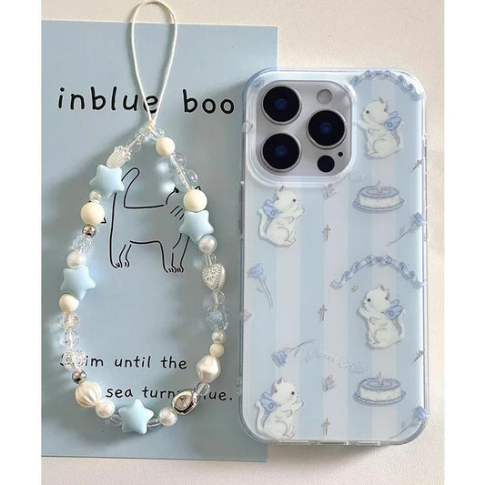Blue White Stripe Cat Phone Case with Lanyard – Protective Cover for iPhone 11 / 12 / 13 / 14 / 15 / 16 Series