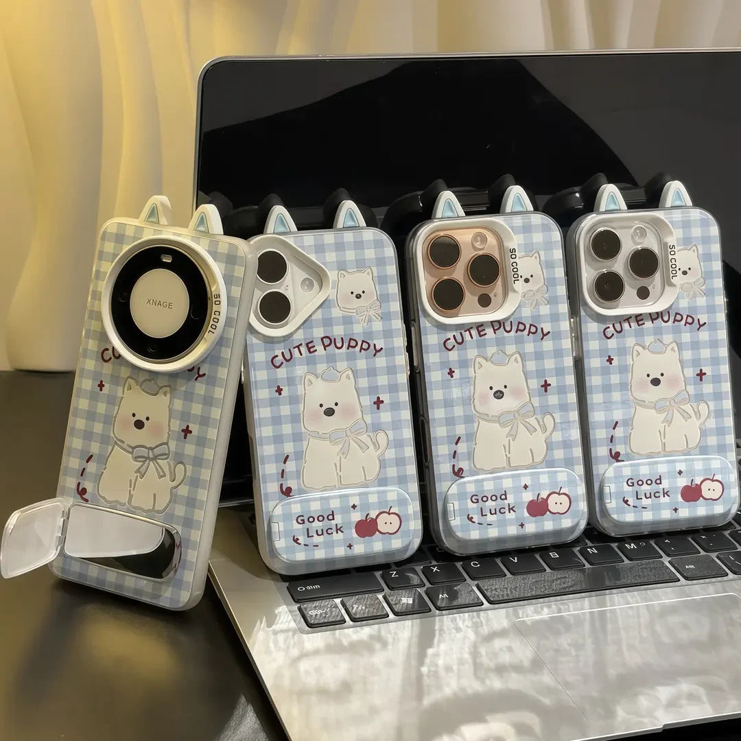 Cute West Highland Dog Stand Case with Mirror – Protective Cover for iPhone 11 / 12 / 13 / 14 / 15 / 16 Series