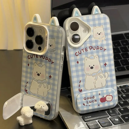 Cute West Highland Dog Stand Case with Mirror – Protective Cover for iPhone 11 / 12 / 13 / 14 / 15 / 16 Series