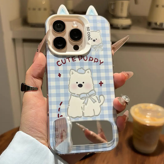 Cute West Highland Dog Stand Case with Mirror – Protective Cover for iPhone 11 / 12 / 13 / 14 / 15 / 16 Series