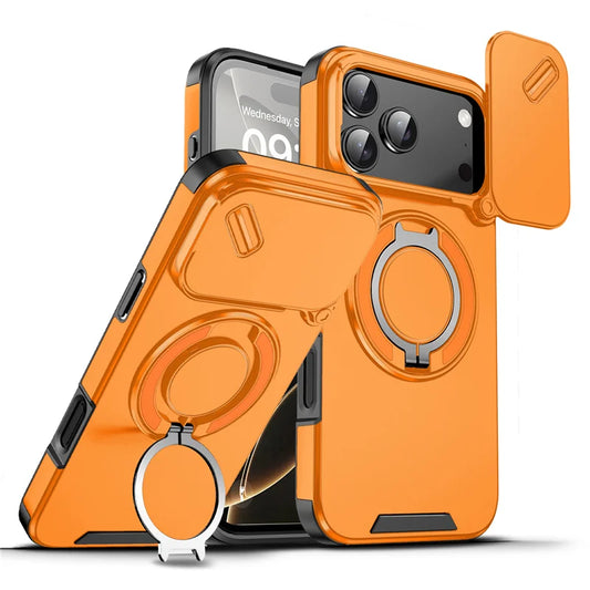 Rotating Ring Stand Holder Case with Lens Protection – Hybrid Shockproof Back Cover for iPhone 14–17 Series