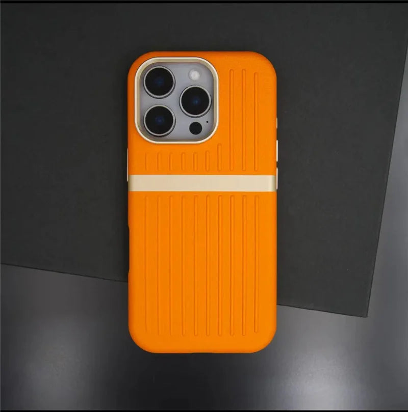 Contrasting Stripes PU Leather MagSafe Case – Shockproof Wireless Charging Cover for iPhone 14–17 Series