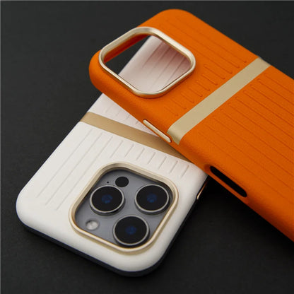 Contrasting Stripes PU Leather MagSafe Case – Shockproof Wireless Charging Cover for iPhone 14–17 Series