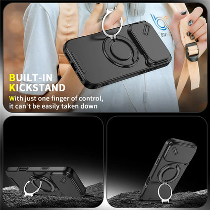 Rotating Ring Stand Holder Case with Lens Protection – Hybrid Shockproof Back Cover for iPhone 14–17 Series