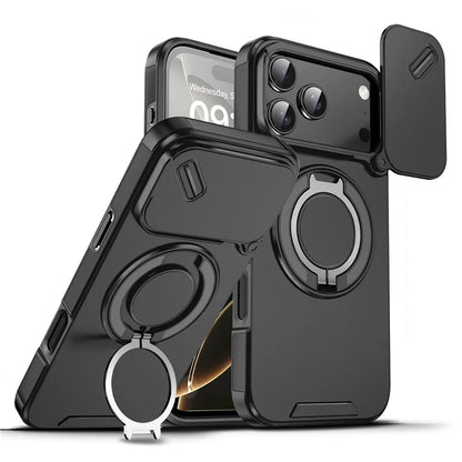 Rotating Ring Stand Holder Case with Lens Protection – Hybrid Shockproof Back Cover for iPhone 14–17 Series
