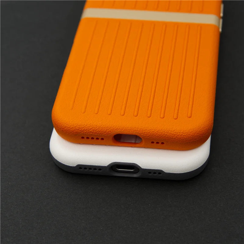 Contrasting Stripes PU Leather MagSafe Case – Shockproof Wireless Charging Cover for iPhone 14–17 Series