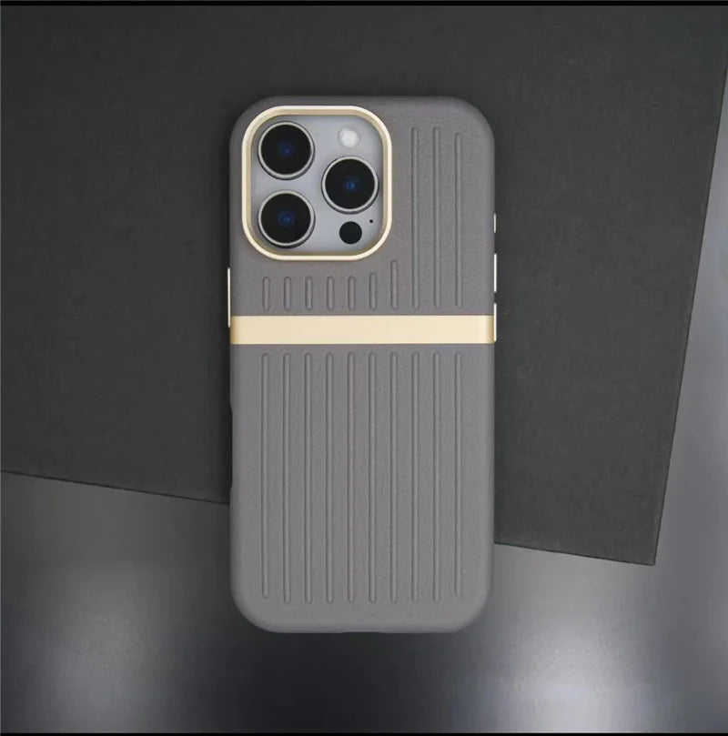 Contrasting Stripes PU Leather MagSafe Case – Shockproof Wireless Charging Cover for iPhone 14–17 Series
