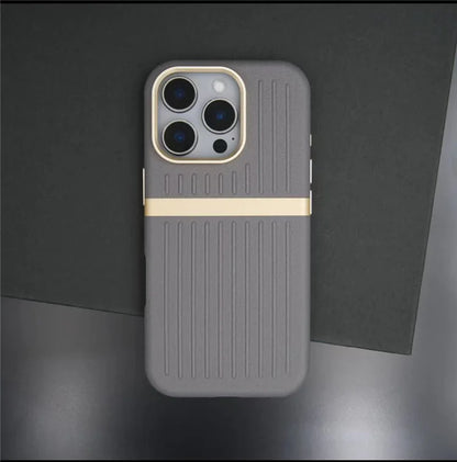Contrasting Stripes PU Leather MagSafe Case – Shockproof Wireless Charging Cover for iPhone 14–17 Series