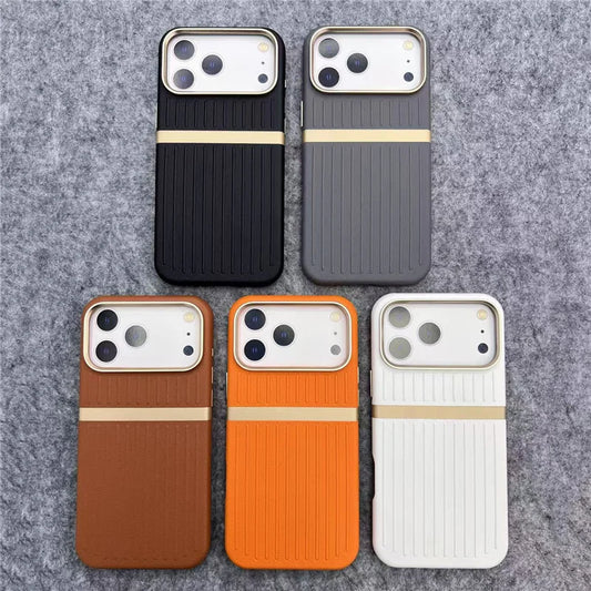Contrasting Stripes PU Leather MagSafe Case – Shockproof Wireless Charging Cover for iPhone 14–17 Series