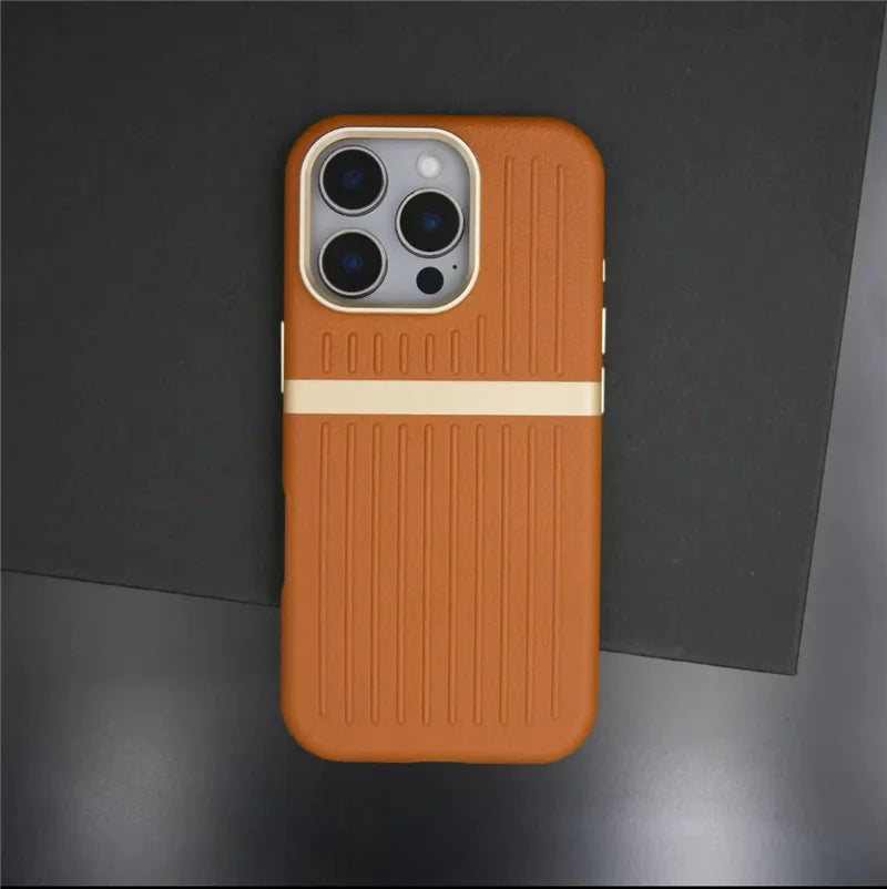 Contrasting Stripes PU Leather MagSafe Case – Shockproof Wireless Charging Cover for iPhone 14–17 Series