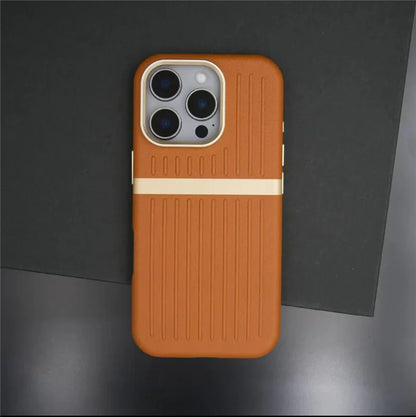 Contrasting Stripes PU Leather MagSafe Case – Shockproof Wireless Charging Cover for iPhone 14–17 Series