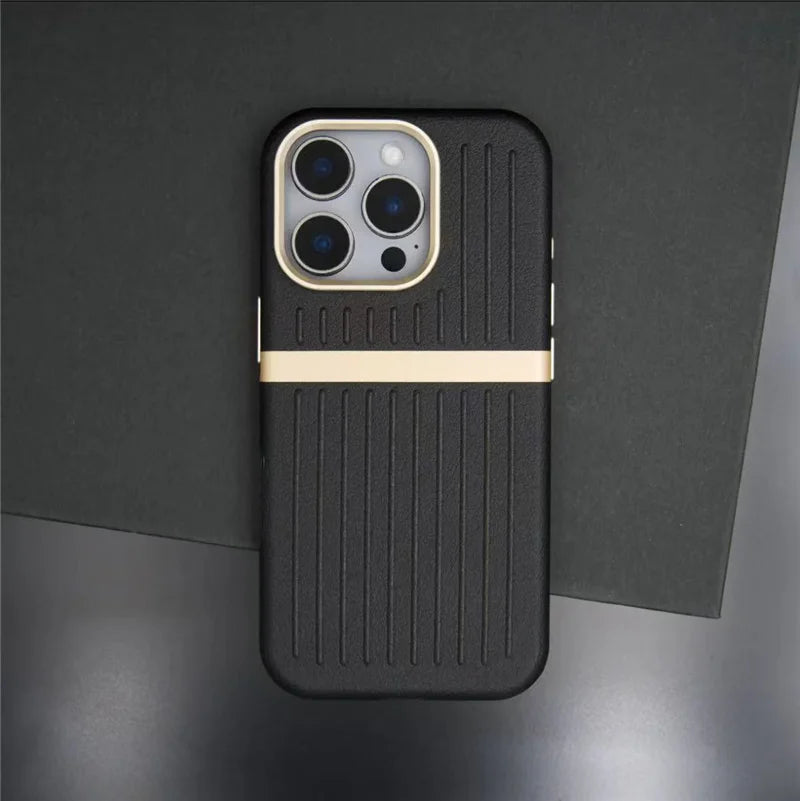 Contrasting Stripes PU Leather MagSafe Case – Shockproof Wireless Charging Cover for iPhone 14–17 Series
