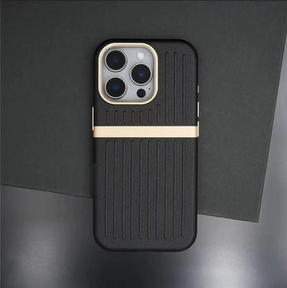 Contrasting Stripes PU Leather MagSafe Case – Shockproof Wireless Charging Cover for iPhone 14–17 Series