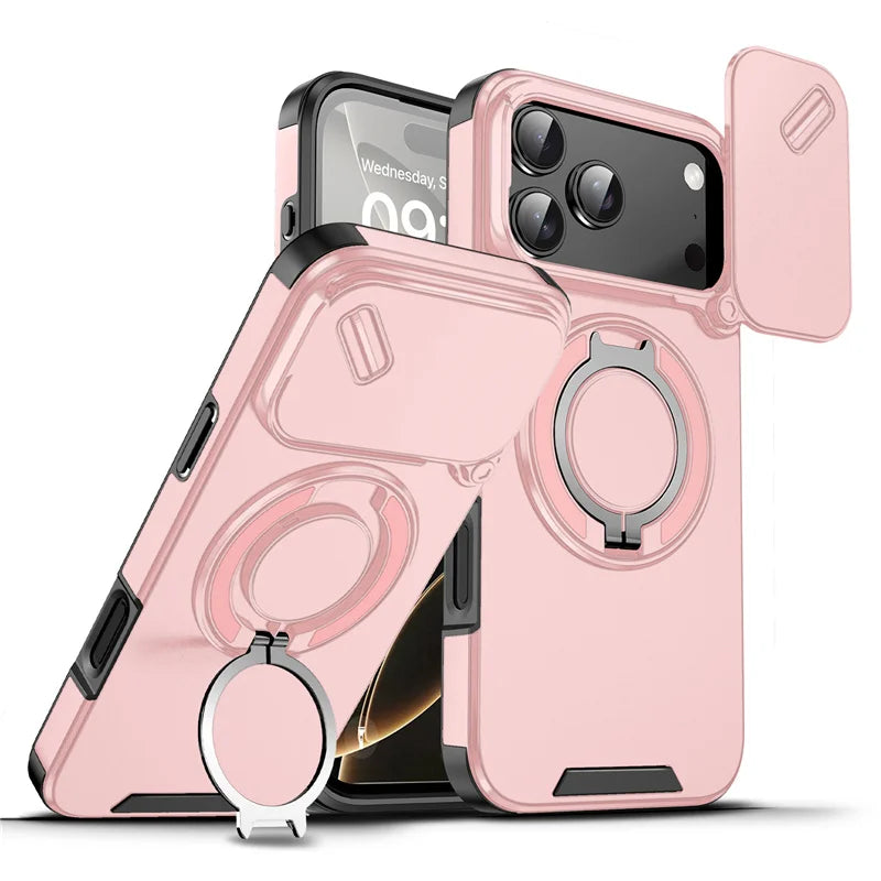 Rotating Ring Stand Holder Case with Lens Protection – Hybrid Shockproof Back Cover for iPhone 14–17 Series
