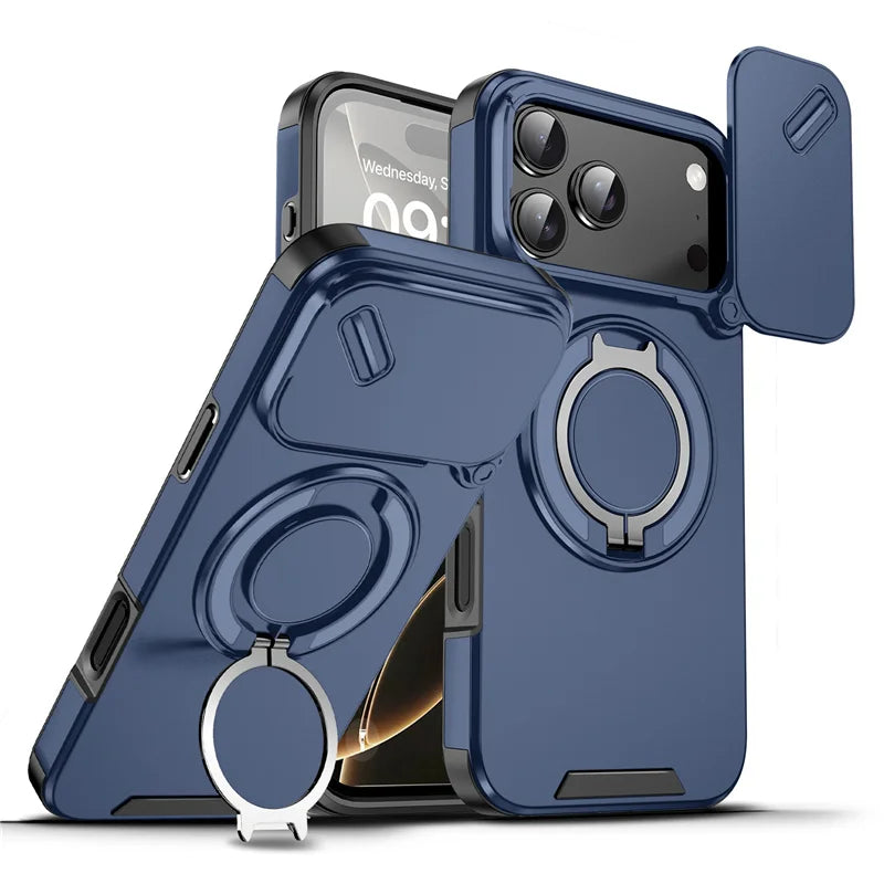 Rotating Ring Stand Holder Case with Lens Protection – Hybrid Shockproof Back Cover for iPhone 14–17 Series