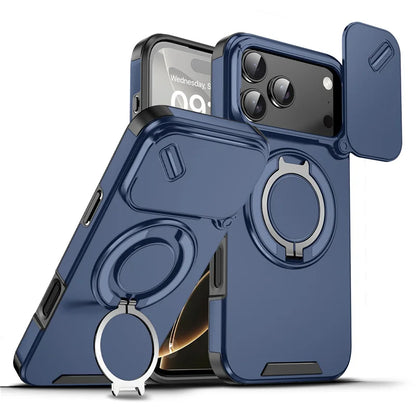 Rotating Ring Stand Holder Case with Lens Protection – Hybrid Shockproof Back Cover for iPhone 14–17 Series