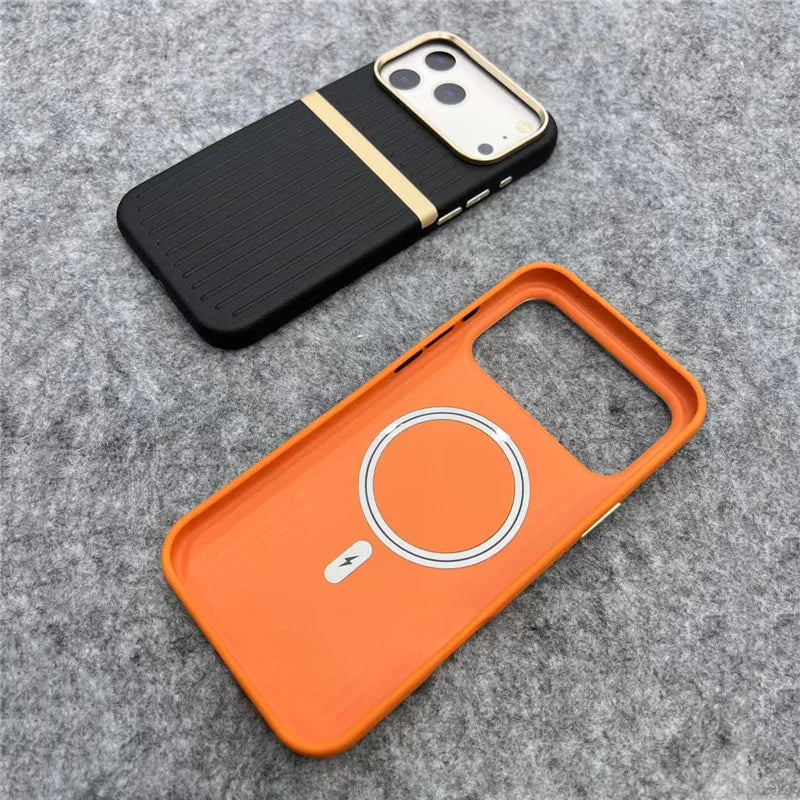 Contrasting Stripes PU Leather MagSafe Case – Shockproof Wireless Charging Cover for iPhone 14–17 Series