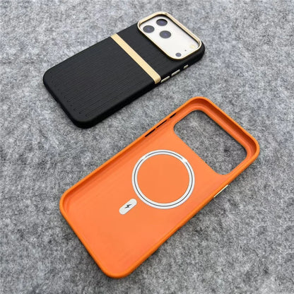 Contrasting Stripes PU Leather MagSafe Case – Shockproof Wireless Charging Cover for iPhone 14–17 Series