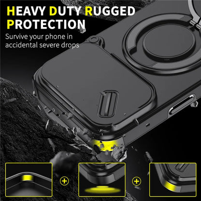 Rotating Ring Stand Holder Case with Lens Protection – Hybrid Shockproof Back Cover for iPhone 14–17 Series