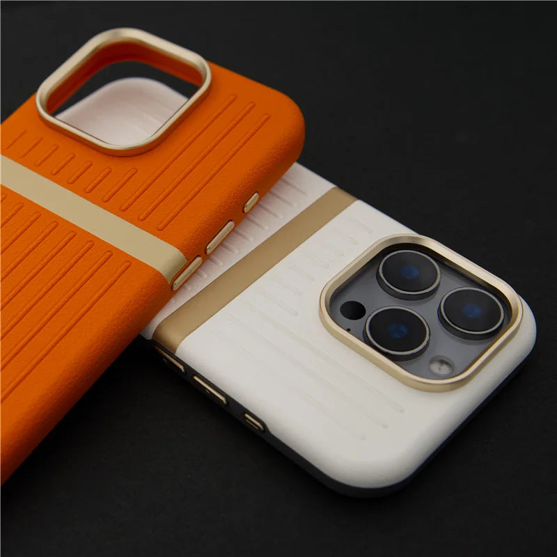 Contrasting Stripes PU Leather MagSafe Case – Shockproof Wireless Charging Cover for iPhone 14–17 Series