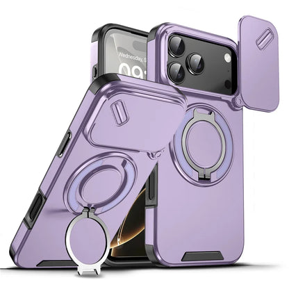 Rotating Ring Stand Holder Case with Lens Protection – Hybrid Shockproof Back Cover for iPhone 14–17 Series