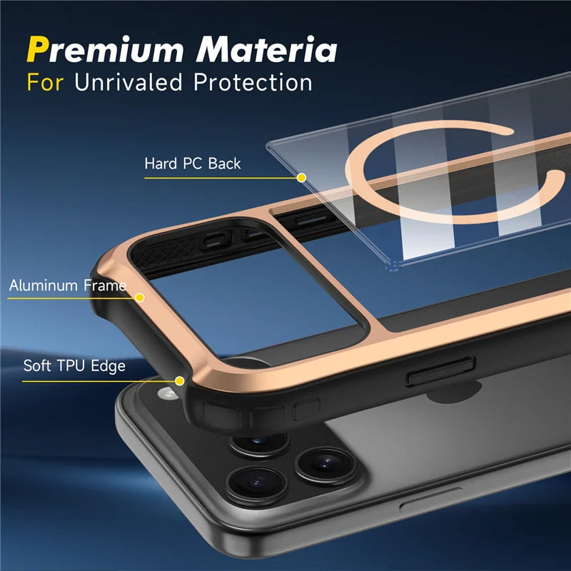 Transparent Aluminum Alloy Magnetic Case – MagSafe, Hybrid Shockproof & Wireless Charging Cover for iPhone 16 / 17 Series