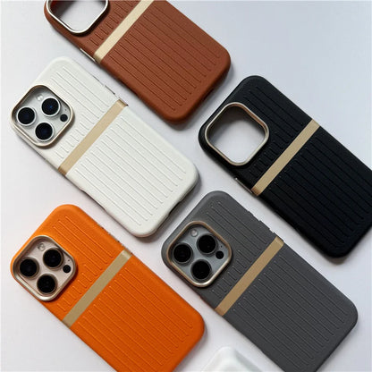 Contrasting Stripes PU Leather MagSafe Case – Shockproof Wireless Charging Cover for iPhone 14–17 Series