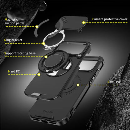Rotating Ring Stand Holder Case with Lens Protection – Hybrid Shockproof Back Cover for iPhone 14–17 Series
